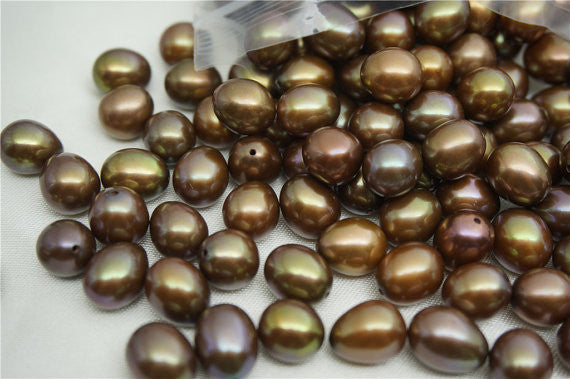 MoniPearl Rice Pearl 1 pair,BROWN Oval Pearls,very good quality,9mm freshwater pearl,drop pearl earring material,oval teardrop pearl pairs,Teardrop Briolette