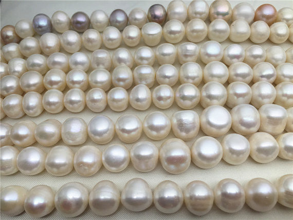 MoniPearl Cultured 13-15mm Potato Pearl Large Hole Pearl Strand,Farmed White Pearl Full Strand,High Luster Freshwater Pearls
