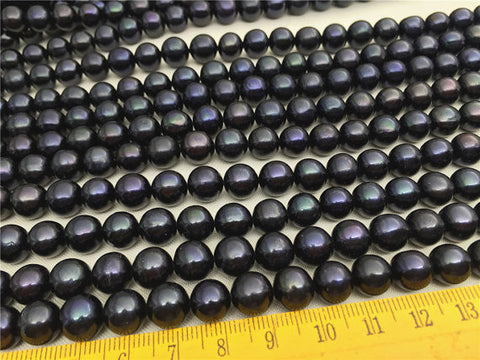 MoniPearl 9-10mm Black High Quality 42pcs Cultured Potato Round Pearl Large Hole Pearl Strand,Loose Freshwater Pearls CR9-2A-20