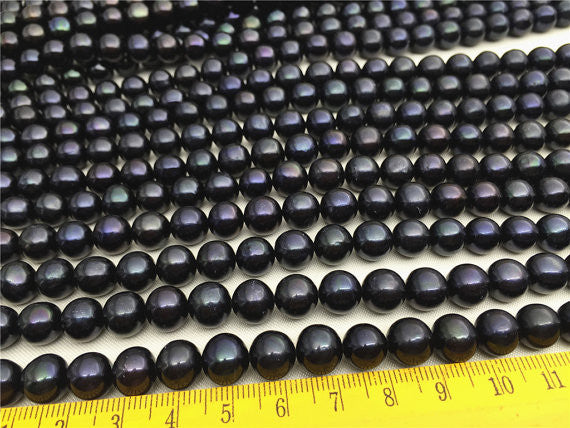 MoniPearl 9-10mm Black High Quality 42pcs Cultured Potato Round Pearl Large Hole Pearl Strand,Loose Freshwater Pearls CR9-2A-20