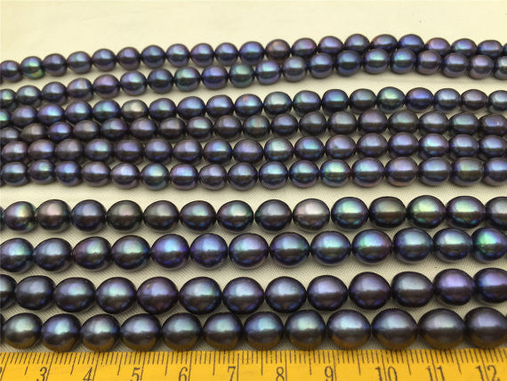MoniPearl Rice Pearl 7-8mmx9mm-16 inch strand-Deep Blue rice pearls-Metallic Iris blue, around 41pcs,rice pearl,loose pearl beads,DIY,high luster,LRRS-3A-1-4