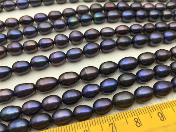MoniPearl Rice Pearl,Deep Blue rice pearls-7-8mmx9mm-16 inch strand-Metallic Iris blue, around 42pcs,rice pearl,loose pearl beads,DIY,high luster,\LRRS-3A-1-2