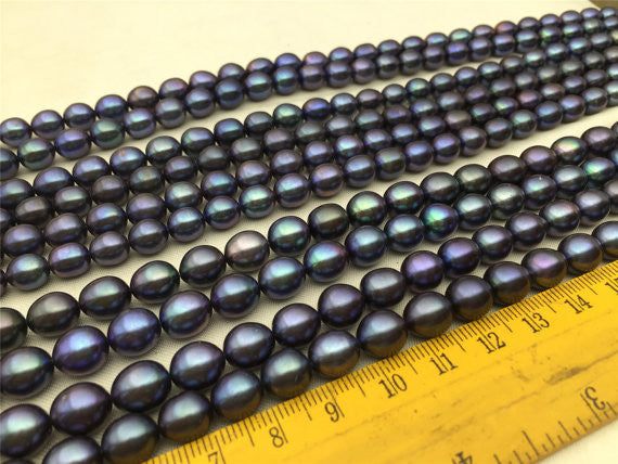 MoniPearl Rice Pearl 7-8mmx9mm-16 inch strand-Deep Blue rice pearls-Metallic Iris blue, around 41pcs,rice pearl,loose pearl beads,DIY,high luster,LRRS-3A-1-4