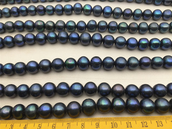 MoniPearl 11-12mm Deep Blue Pearls Cultured Potato Pearl Large Hole Pearl Strand,Loose Freshwater Pearls LR11-2A-4