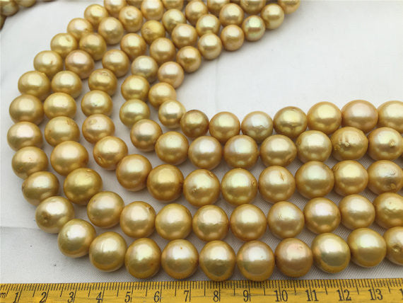 MoniPearl Round Pearl,half strand,12-15mm round golden Pearl,south sea pearl style,yellow pearl,half strand loose pearl,Genuine Fresh Water Pearl,kasumi pearl,HZ-47