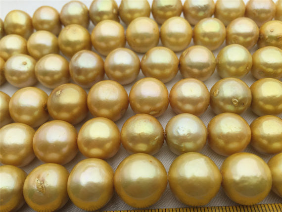 MoniPearl Round Pearl,half strand,12-15mm round golden Pearl,south sea pearl style,yellow pearl,half strand loose pearl,Genuine Fresh Water Pearl,kasumi pearl,HZ-47